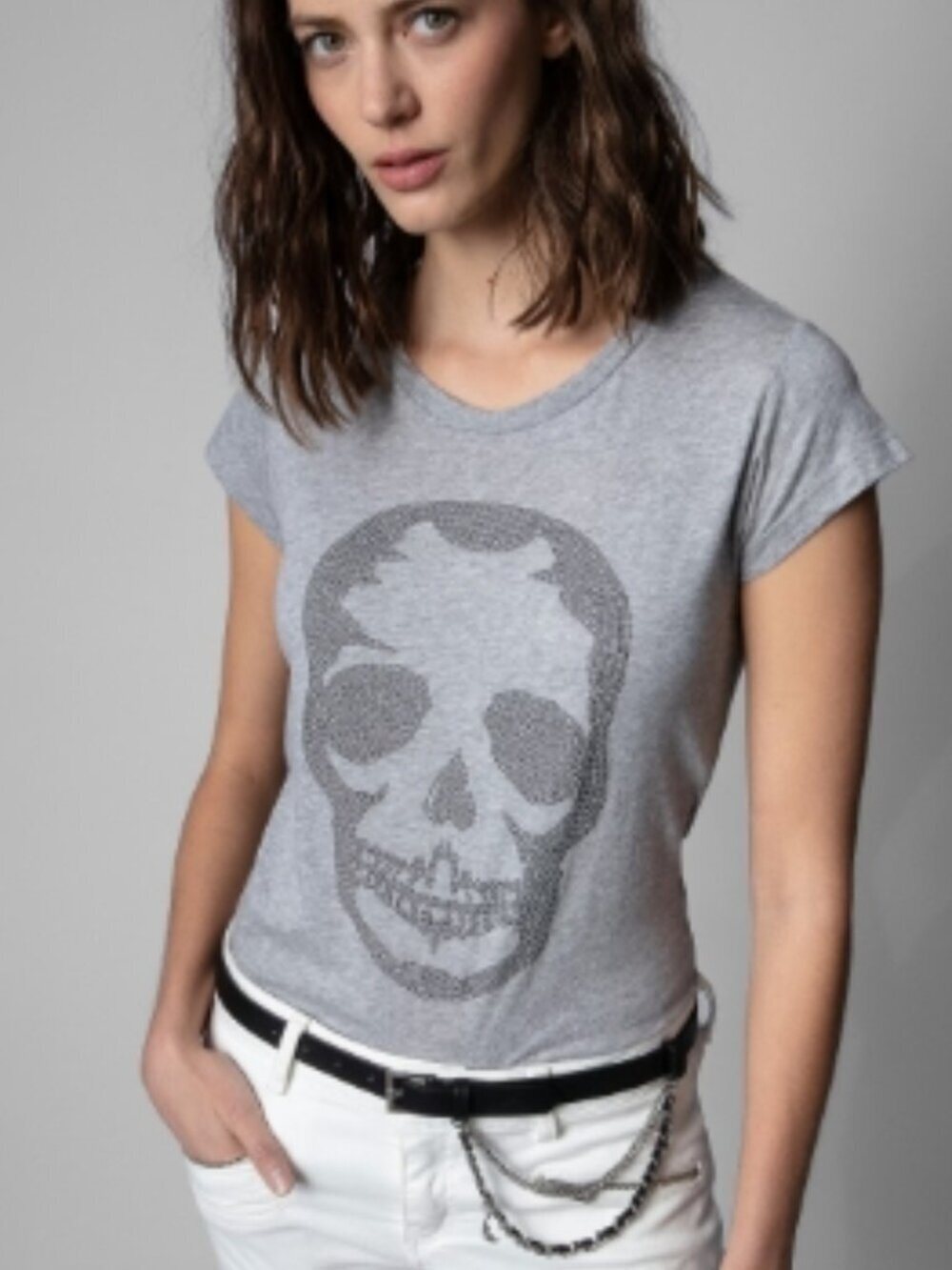 Zadig & Voltaire Skull Cotton Modal T‑Shirt Gris Chine Size S NWT